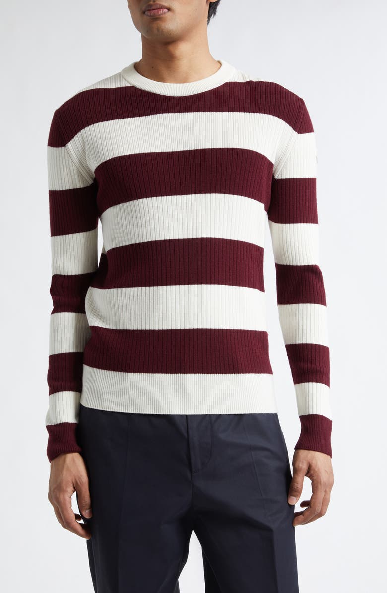 Moncler Rugby Stripe Wool Sweater, Main, color, Burgundy Stripe