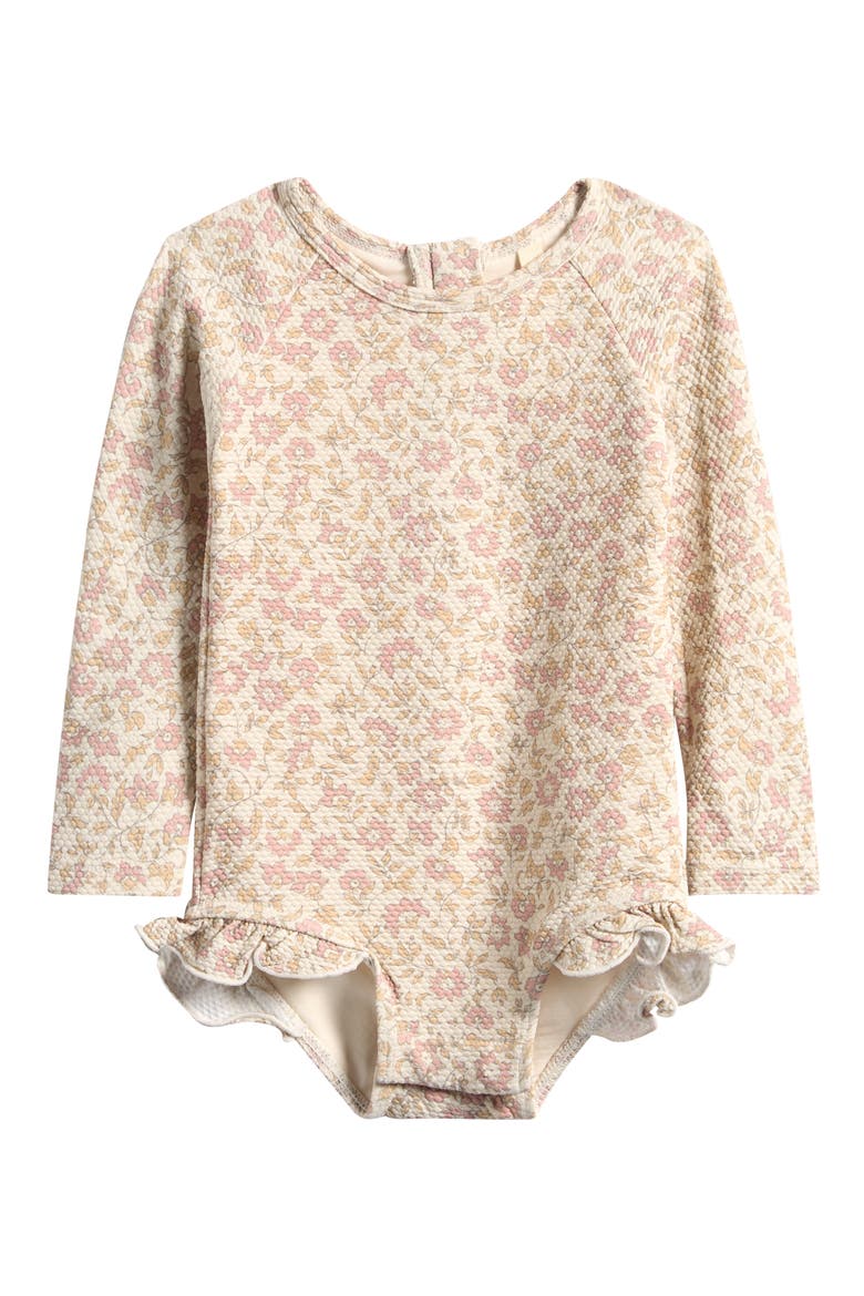 Olivia Floral Long Sleeve Piqué One-Piece Swimsuit, Main, color, NATURAL