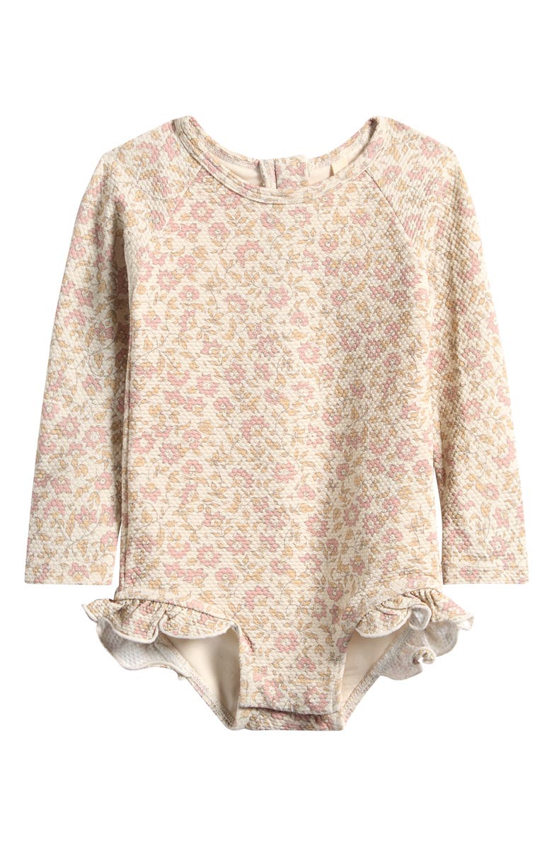 QUINCY MAE Olivia Floral Long Sleeve Piqué One-Piece Swimsuit, Main, color, Natural