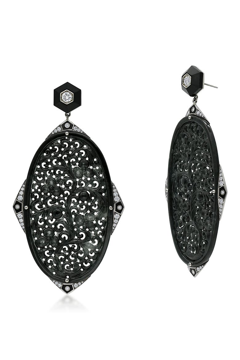 Carved Black Jade & Diamond Pendant Drop Earrings, Main, color, WHITE GOLD