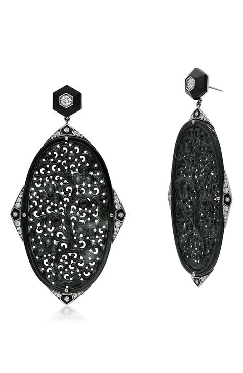 Carved Black Jade & Diamond Pendant Drop Earrings