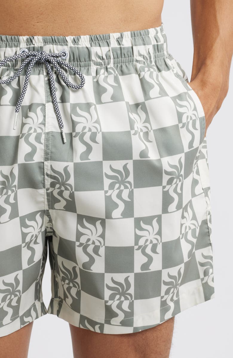 Boardies Clara Palm Tree Checkerboard Print Mid Length Swim Trunks, Alternate, color, Olive/ Cream