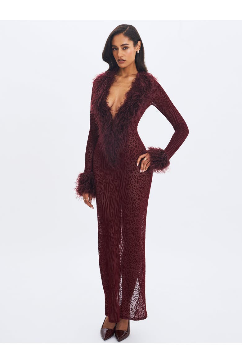 Luana Plunging Fur Trimmed Crochet Maxi Dress, Alternate, color, Burgundy