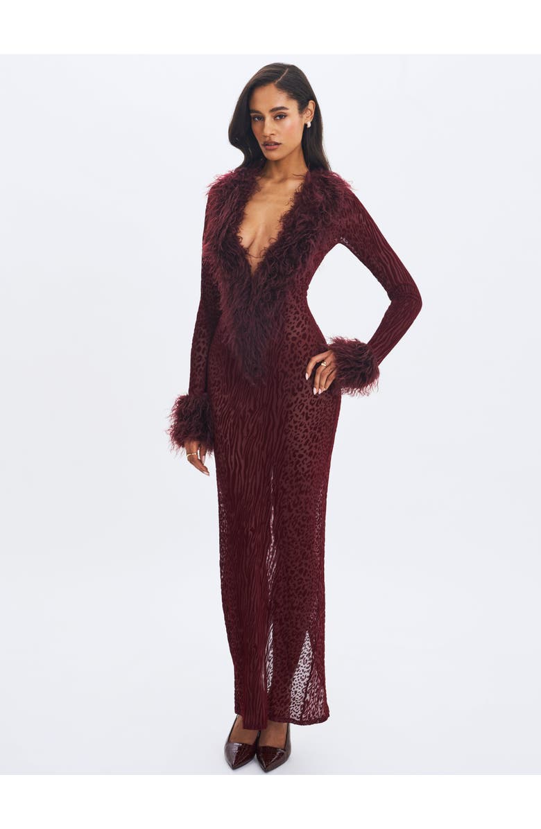 Miss Circle Luana Plunging Fur Trimmed Crochet Maxi Dress, Alternate, color, Burgundy
