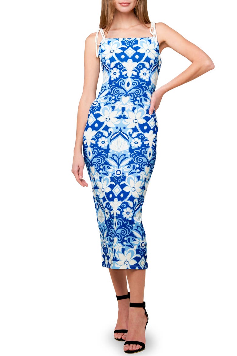 Floral Tie Strap Midi Dress, Main, color, BLUE/ WHITE