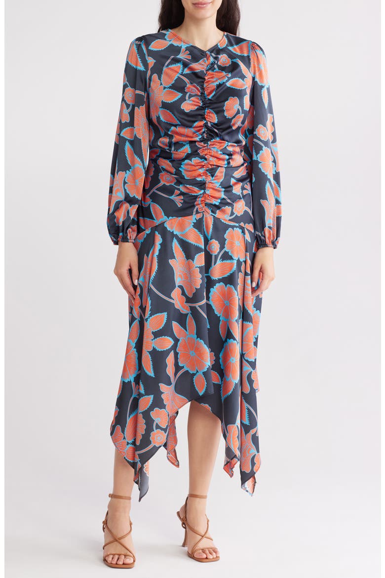 Floral Long Sleeve Ruched Midi Dress, Main, color, NAVY RED FLORAL