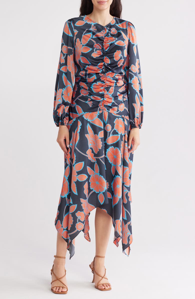 MELLODAY Floral Long Sleeve Ruched Midi Dress, Main, color,