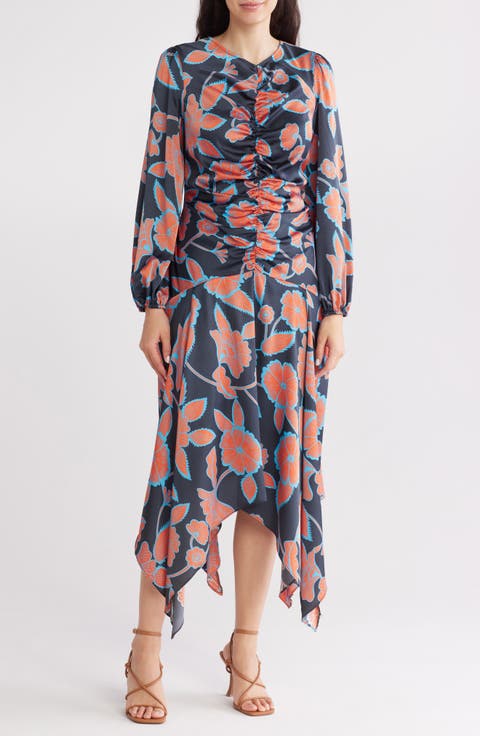 Floral Long Sleeve Ruched Midi Dress