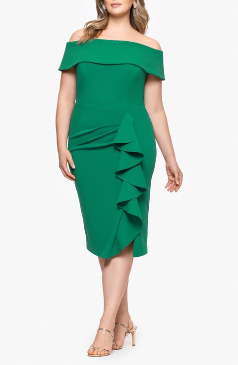 Off the Shoulder Ruffle Scuba Crepe Cocktail Dress (Plus)