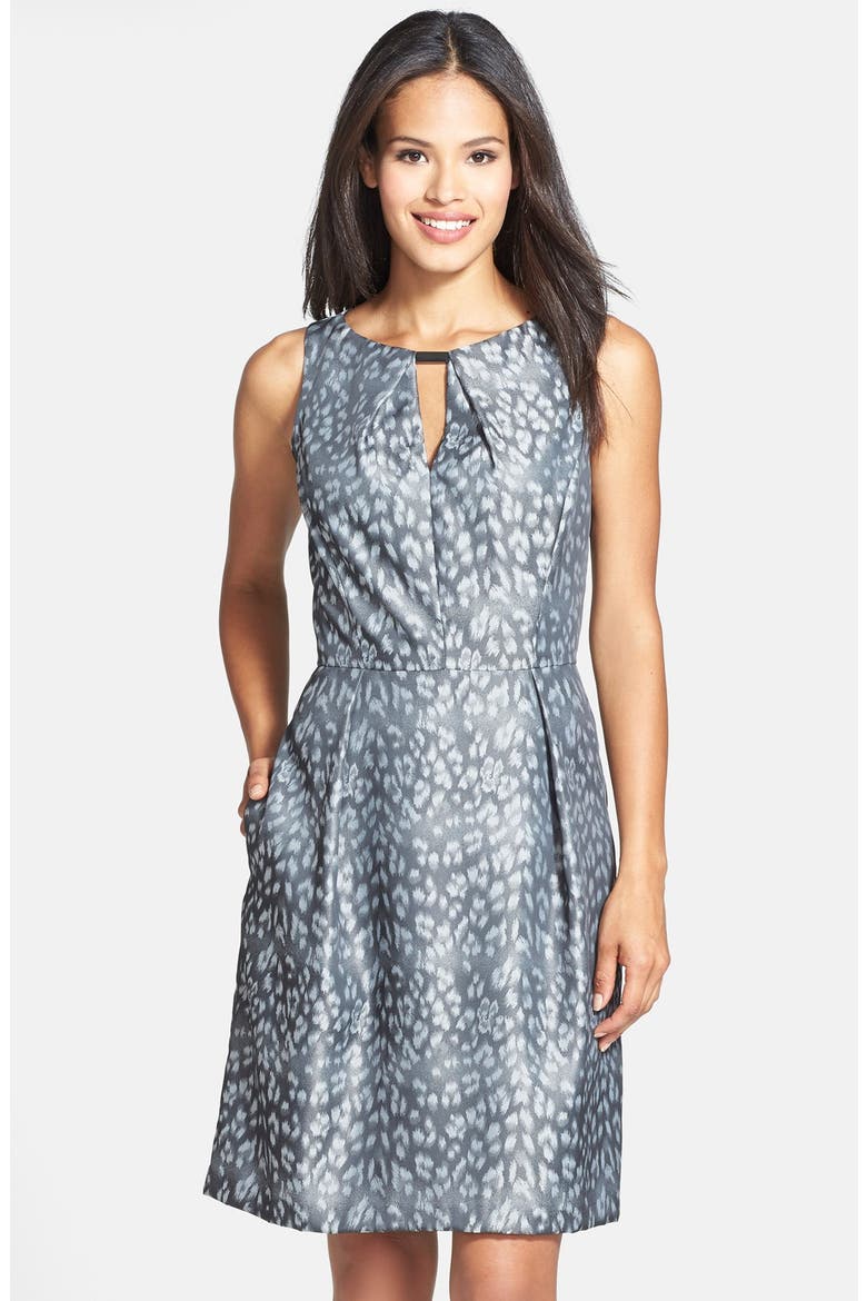 Bar Neck Metallic Jacquard Fit & Flare Dress, Main, color, GREY