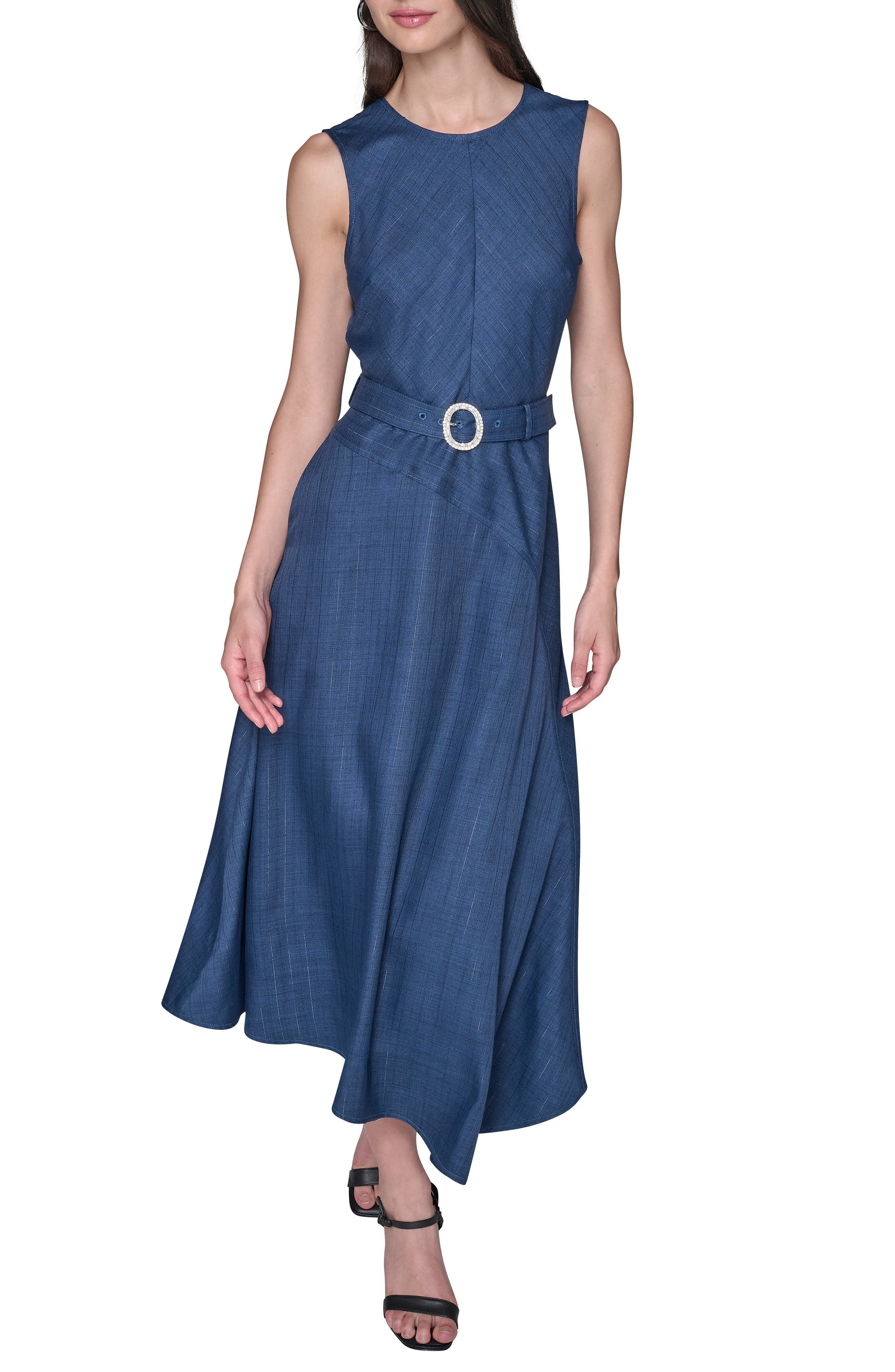 KARL LAGERFELD PARIS Metallic Pinstripe Midi Dress