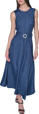 KARL LAGERFELD PARIS Metallic Pinstripe Midi Dress