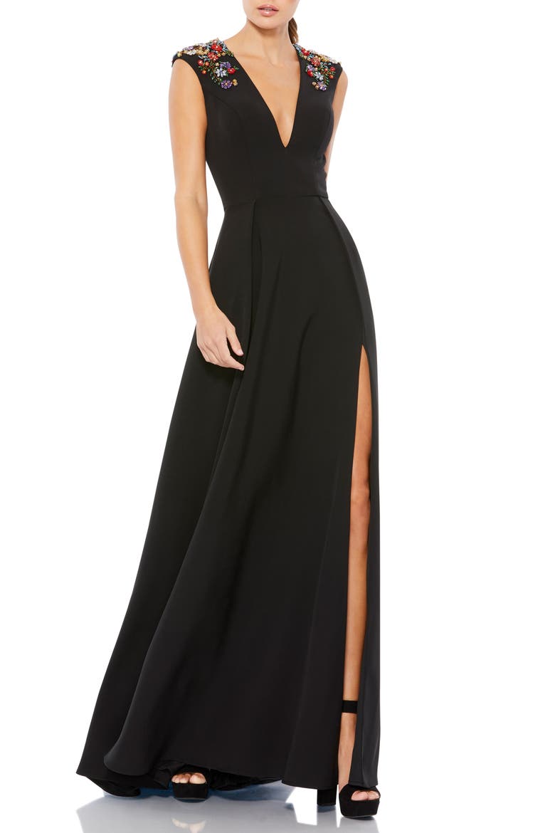 Beaded Cap Sleeve V Neck A Line Gown, Main, color, BLACK