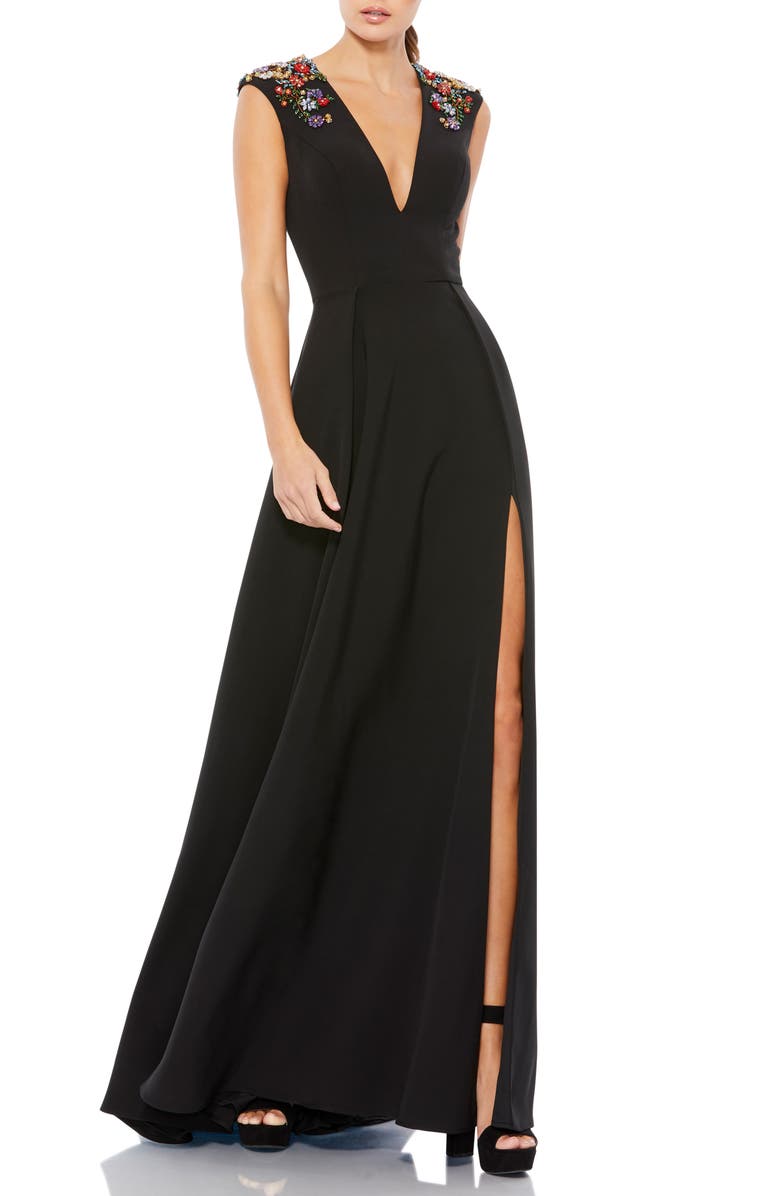 Ieena for Mac Duggal Plunge Neck Empire Waist Beaded Shoulder Gown, Main, color,