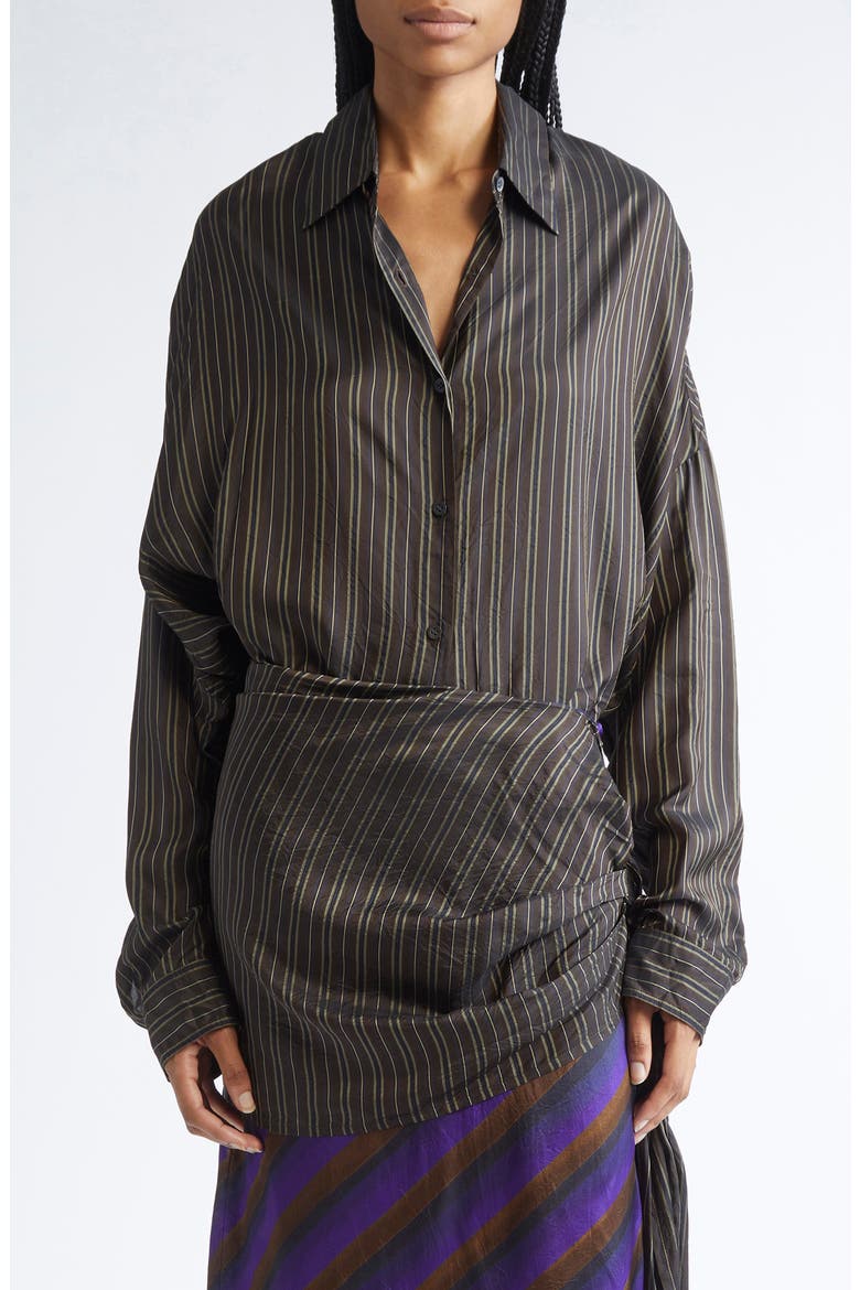 Casia Stripe Oversize Cupro Cocoon Shirt, Main, color, BROWN