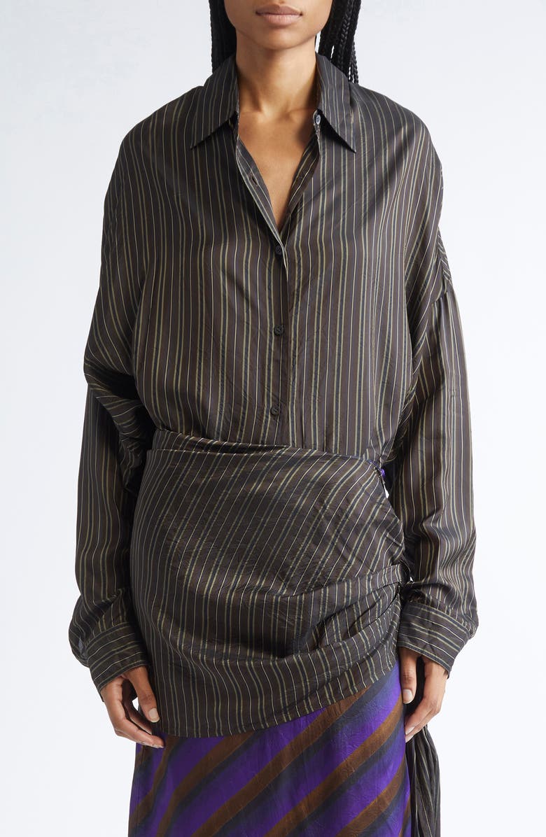 Dries Van Noten Casia Stripe Oversize Cupro Cocoon Shirt, Main, color, Brown