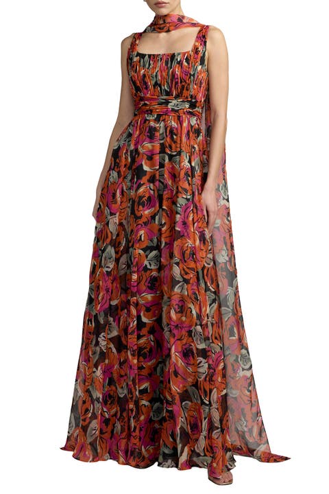 Floral Chiffon A-Line Gown with Scarf