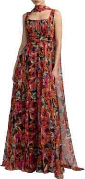 Mac Duggal Floral Chiffon A-Line Gown with Scarf