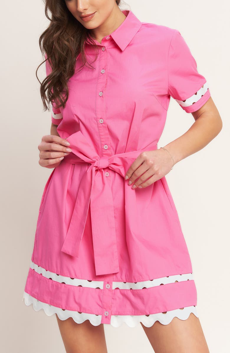 FLYING TOMATO Wavy Fringe Trim Cotton Shirtdress, Alternate, color, Pink