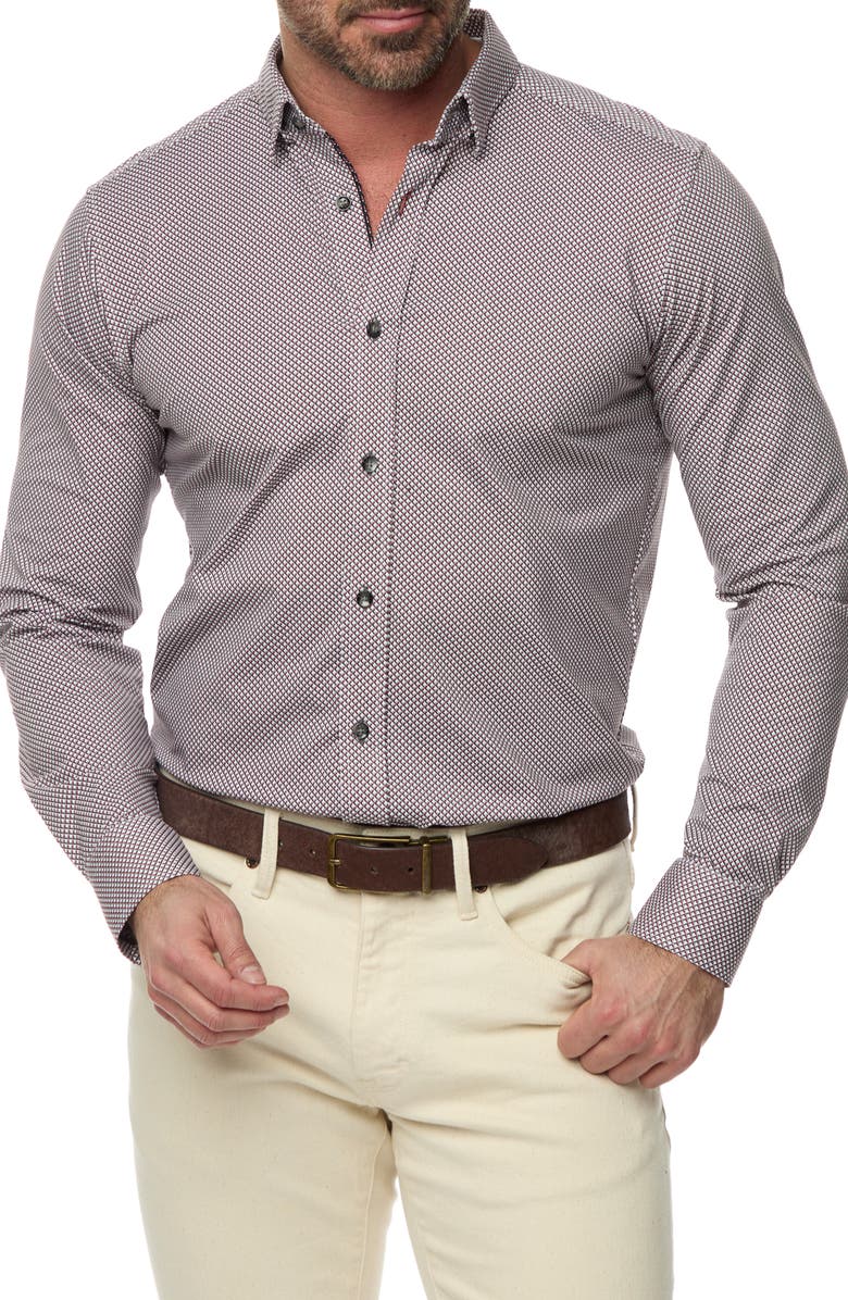 Robert Graham Osmond Tailored Fit Geo Print Cotton Knit Button-Up Shirt, Main, color, 
