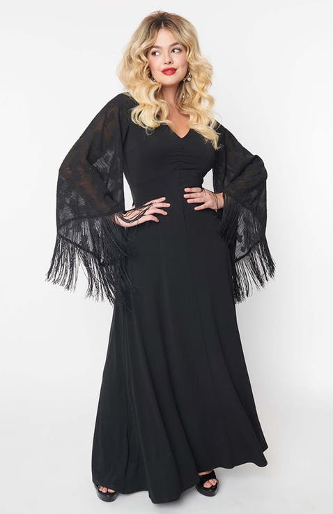 Fringed Long Bell Sleeved Ruched Maxi Dress
