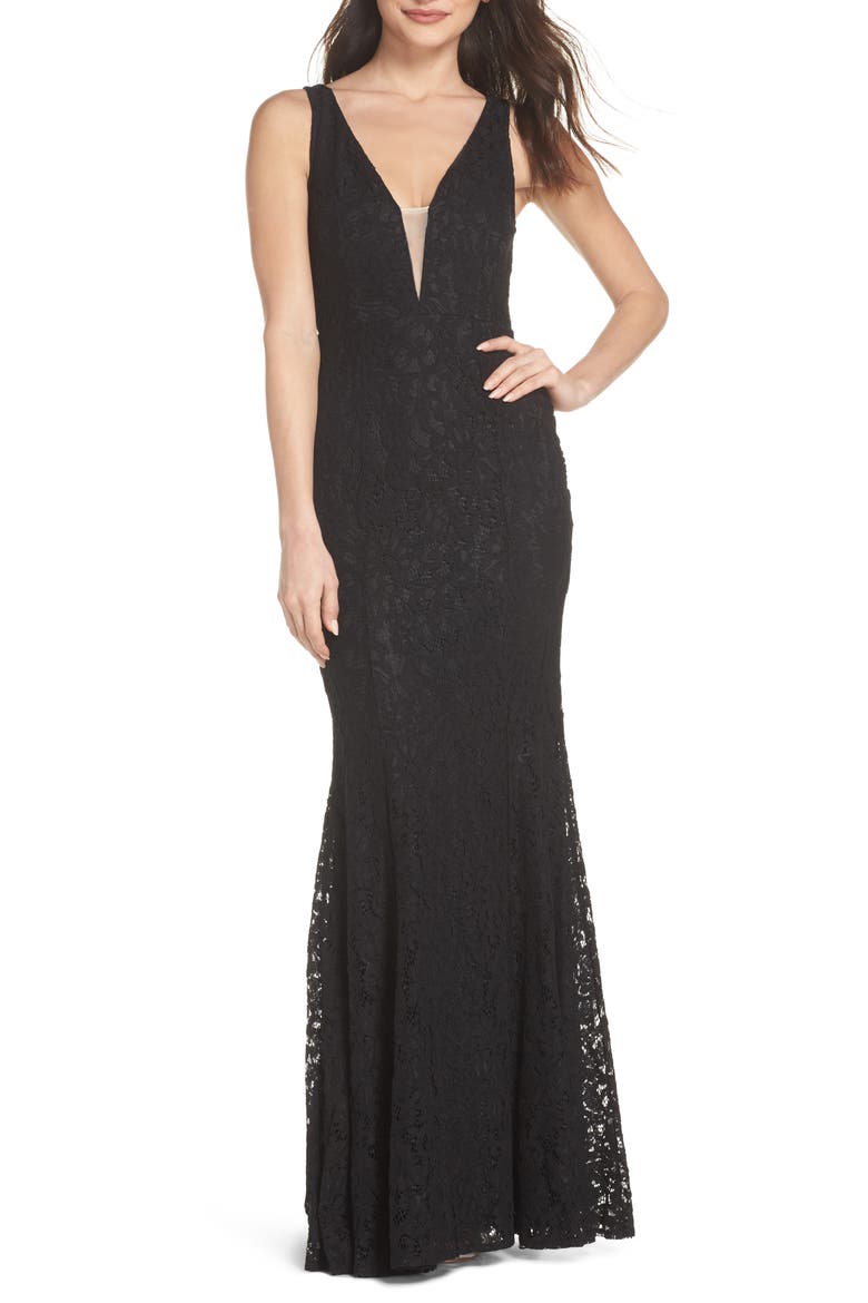 Plunging Neckline Lace Trumpet Gown, Main, color, BLACK