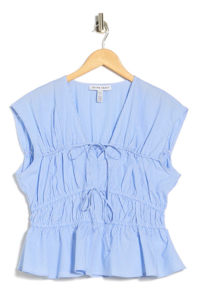 Shirred Tie Poplin Top, Alternate, color, BLUE/ WHITE STRIPE