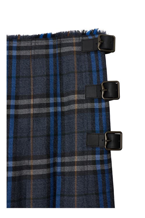 Burberry Check Wool Midi Kilt In Bright Oxford Blue