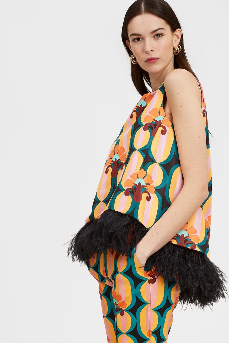 La Scala Top With Feathers Arcturus Blue Petrol, Main, color, Arcturus Blue Petrol