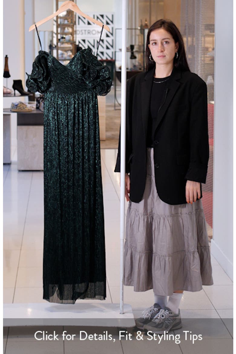 Ruffle Off the Shoulder Metallic Column Gown video