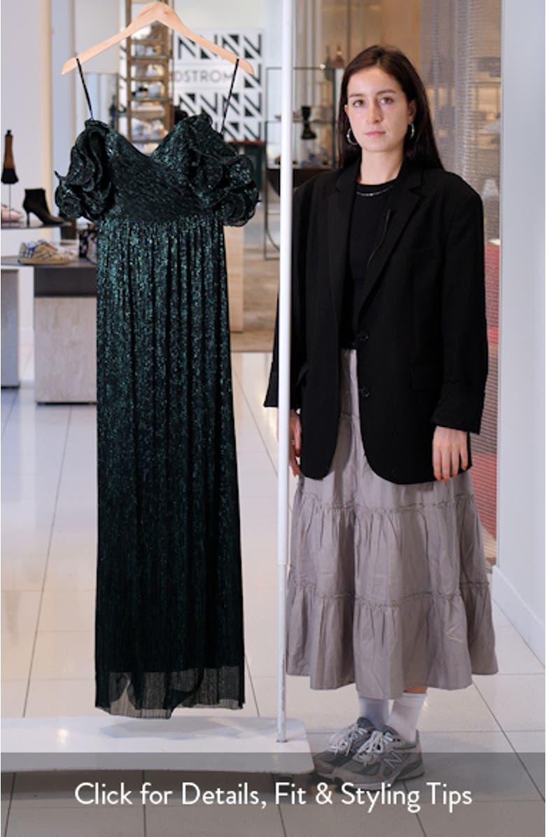 Ruffle Off the Shoulder Metallic Column Gown, sales video thumbnail