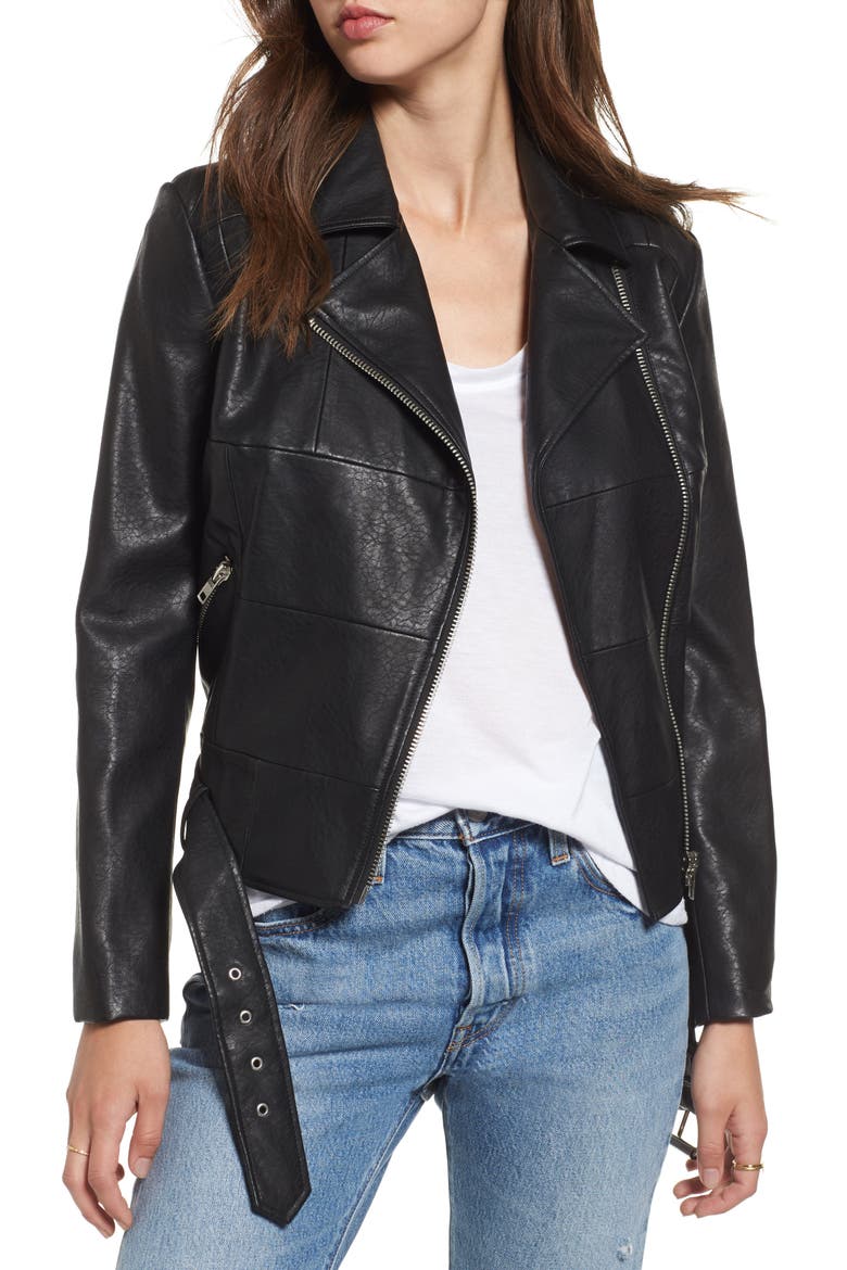 BB Dakota Maria Washed Faux Leather Patchwork Jacket, Main, color, BLACK