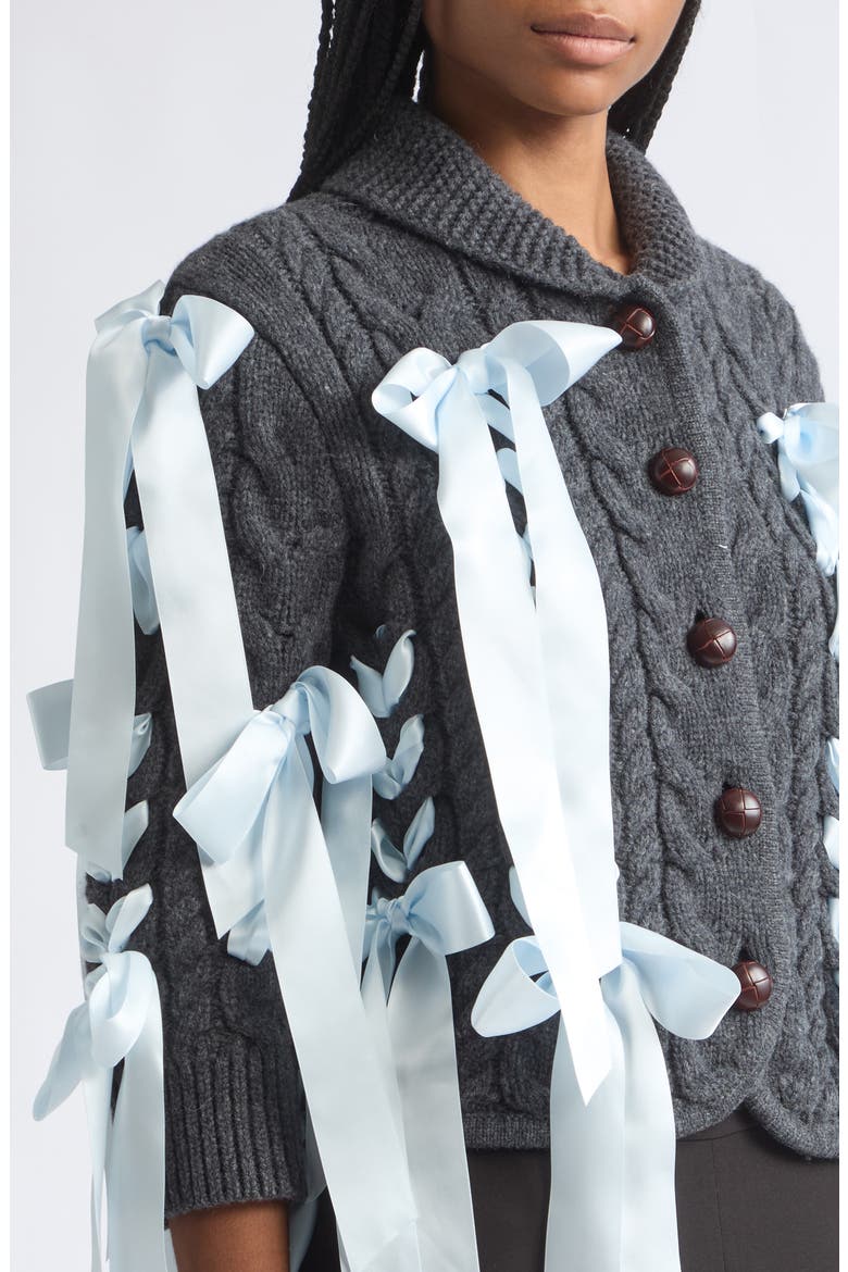 Cobble Bow Cable Knit Wool Cardigan, Alternate, color, GREY