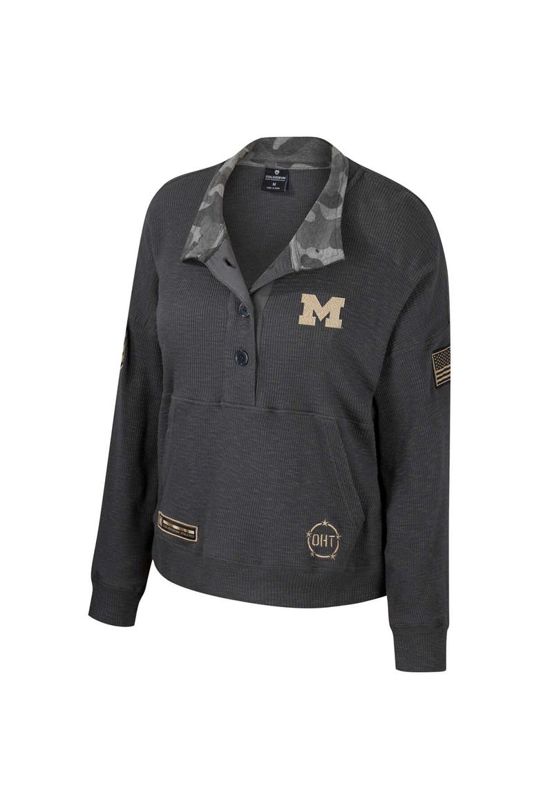 Women's Colosseum  Heather Charcoal Michigan Wolverines OHT Military Appreciation Payback Henley Thermal Sweatshirt, Alternate, color, Heather Charcoal