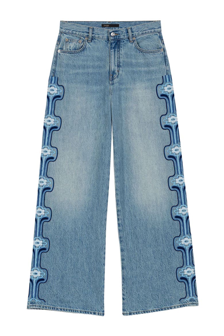 Floral embroidered wide-leg jeans, Alternate, color, Blue