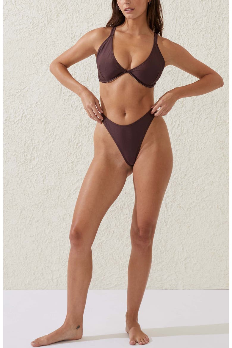 Women's Refined High Side Thong Bikini Bottom, Alternate, color, Willow Brown Shimmer