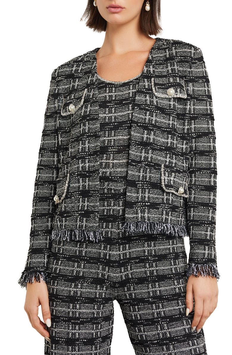 Misook Rhinestone Accent Fringed Tweed Jacket, Main, color, 
