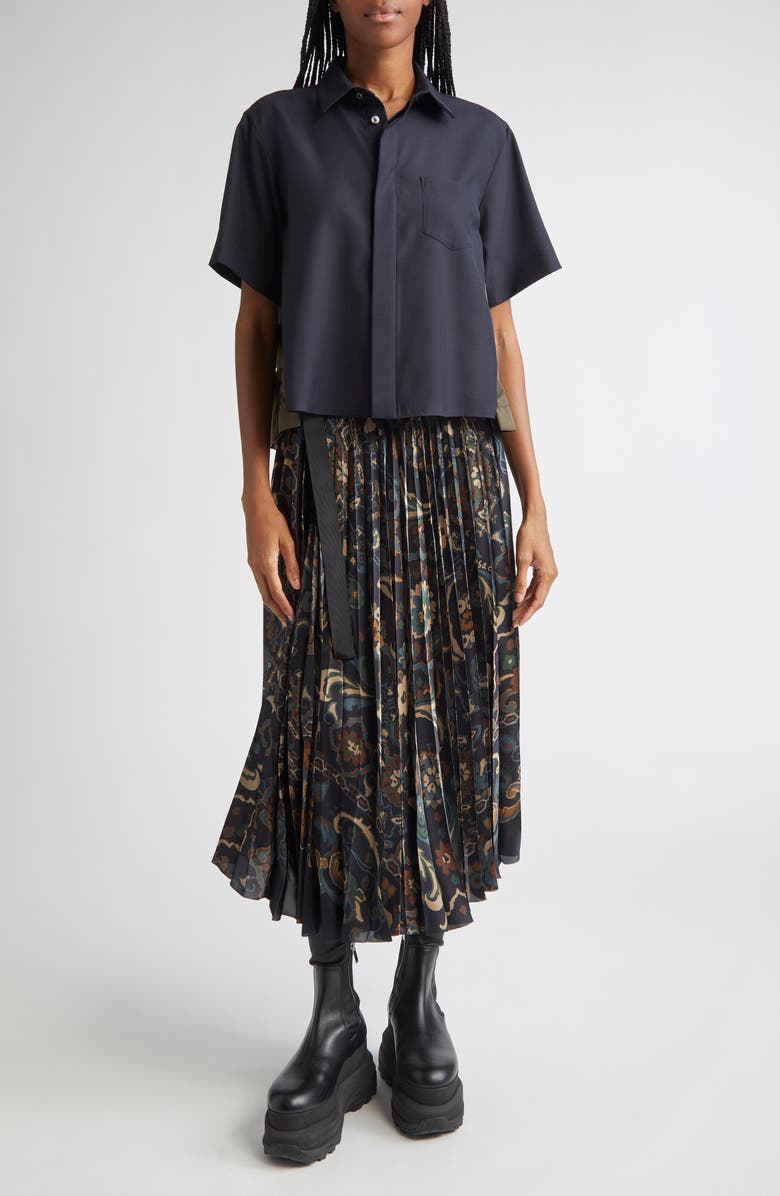 Sacai Suiting Fabric Mix Button-Up Camp Shirt, Alternate, color, Navy/ Dark Khaki