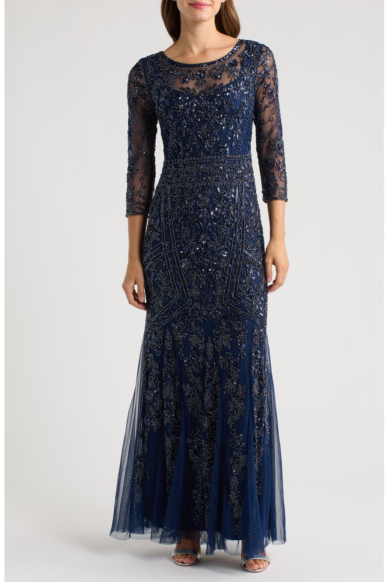 Beaded Chiffon Column Gown, Main, color, NAVY 410