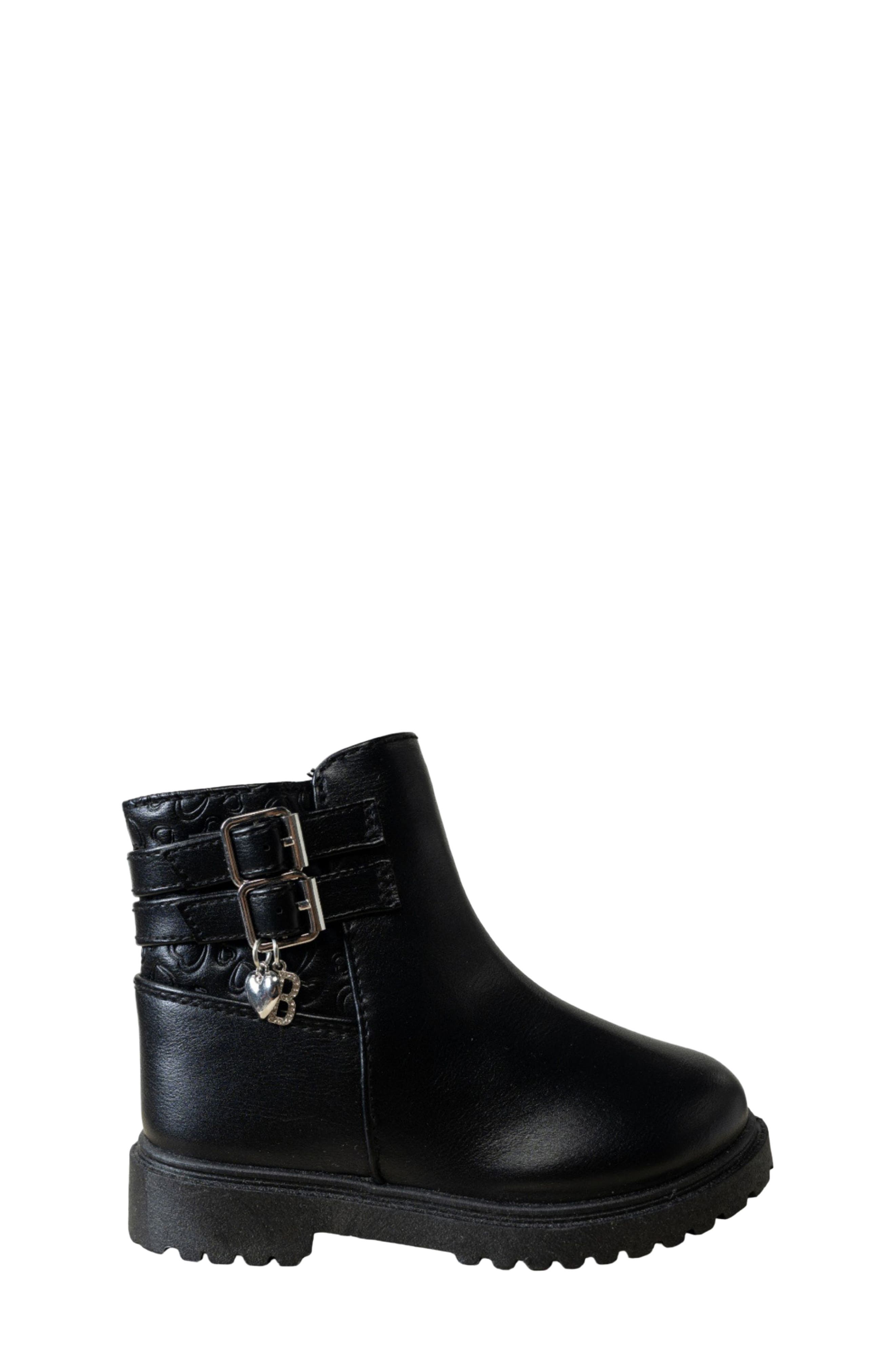 Kids' Faux Leather Buckle Bootie, Alternate, color, BLACK