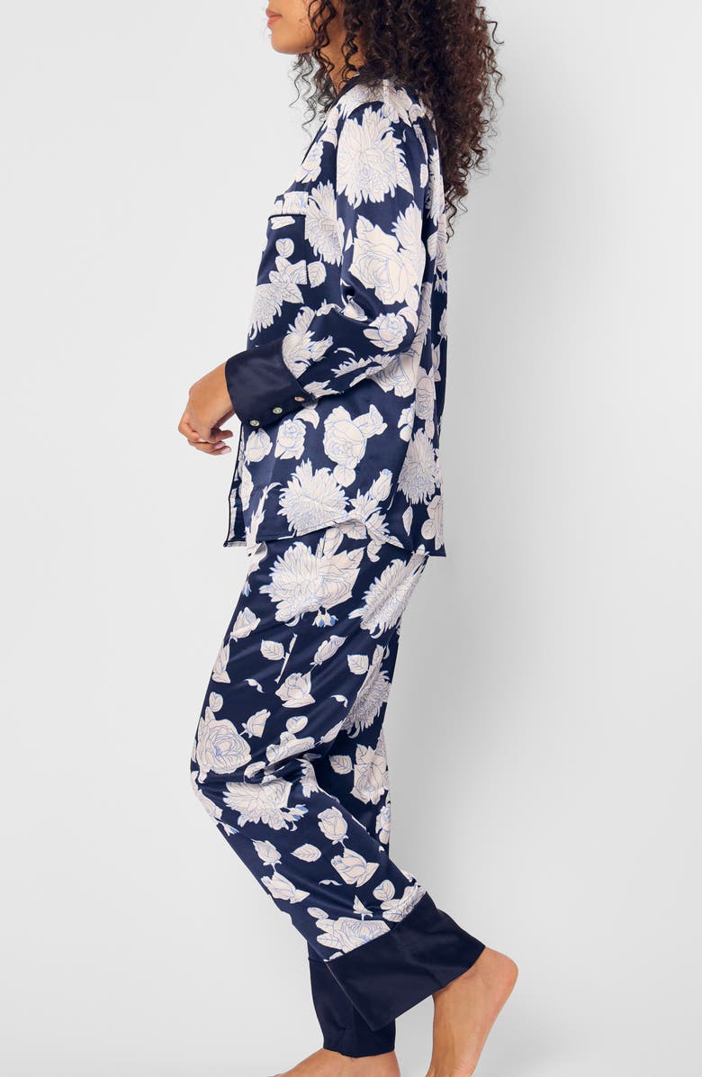 Petite Plume Midnight Blooms Silk Pajamas, Alternate, color, Navy