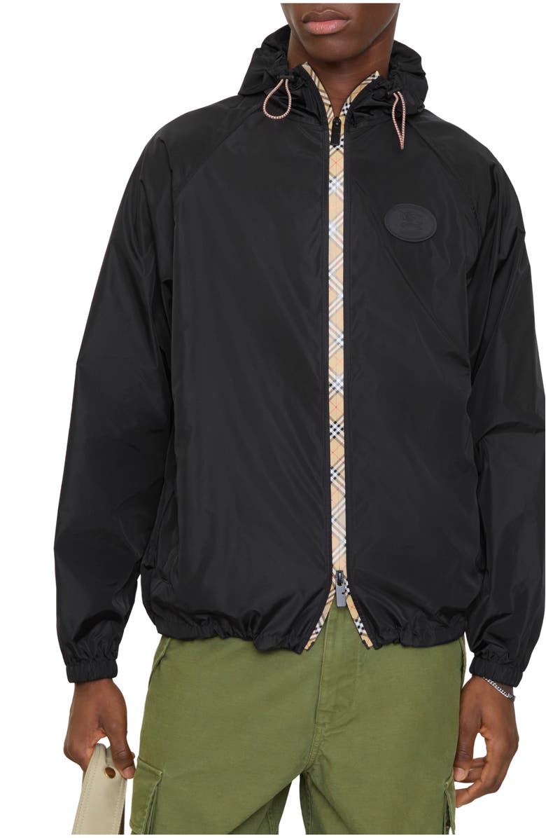 Burberry Checker-tape Nylon Hooded Jacket, Main, color, Black