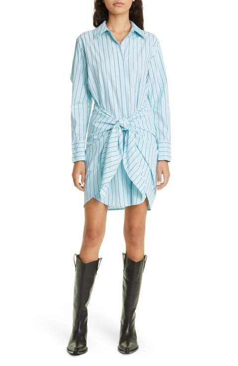 Stripe Tie Waist Long Sleeve Cotton Shirtdress
