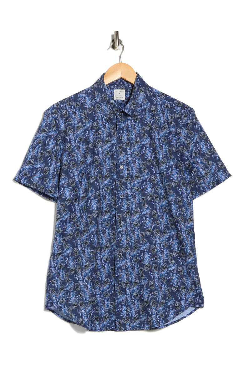 Slim Fit Pine Cone Print 4-Way Stretch Short Sleeve Shirt, Alternate, color, NAVY