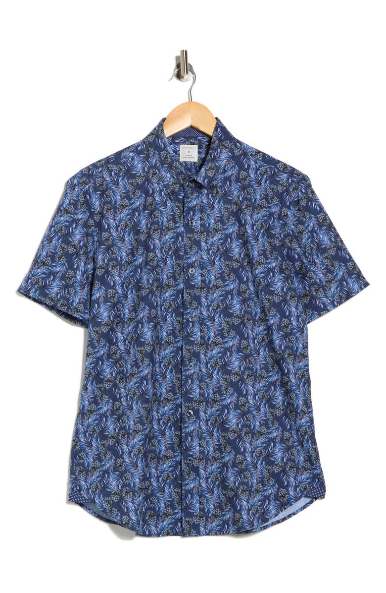 CONSTRUCT Slim Fit Pine Cone Print 4-Way Stretch Short Sleeve Shirt, Alternate, color, Navy
