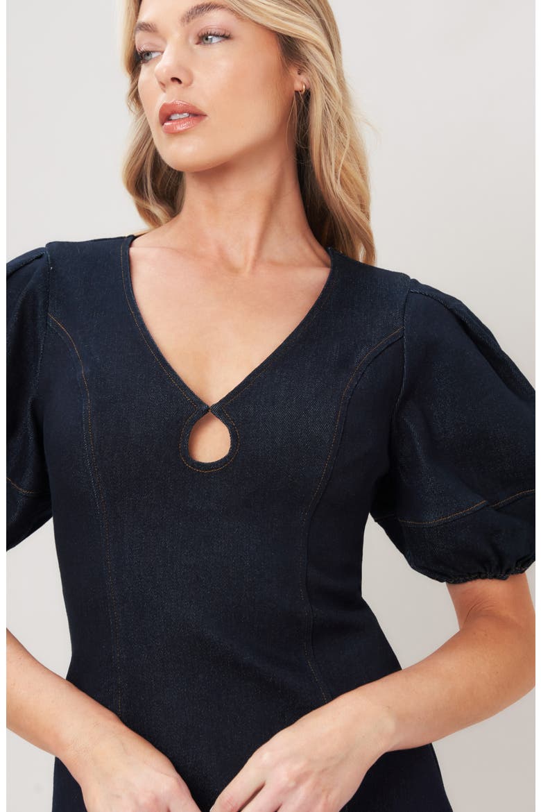 Puff Sleeve Denim Minidress, Alternate, color, DARK INDIGO