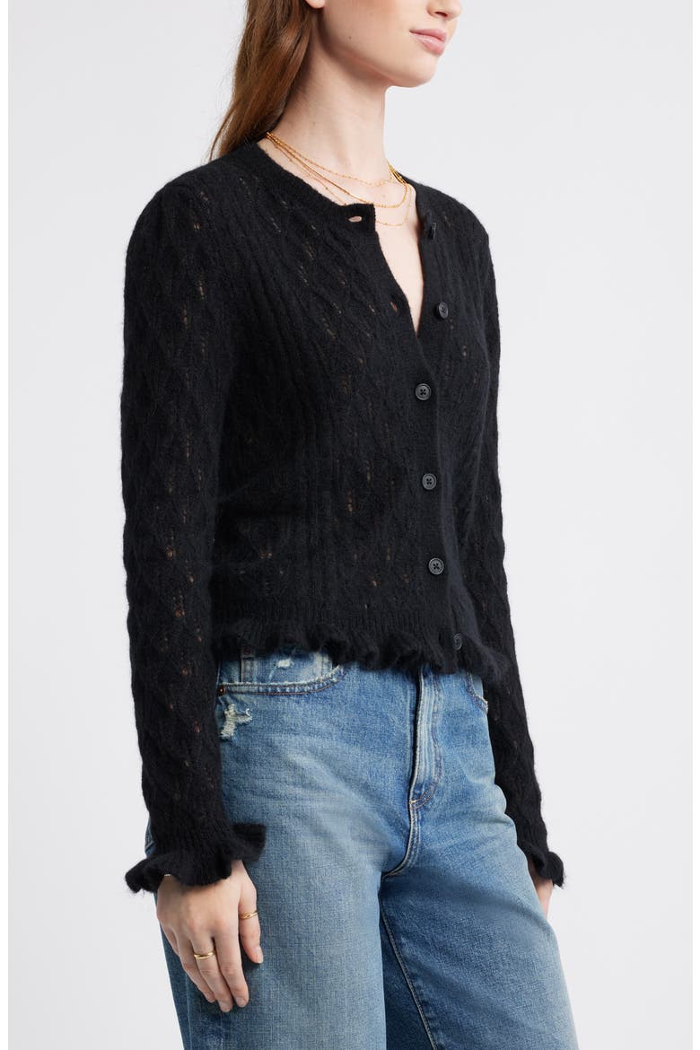 Pointelle Ruffle Edge Cardigan, Alternate, color, BLACK