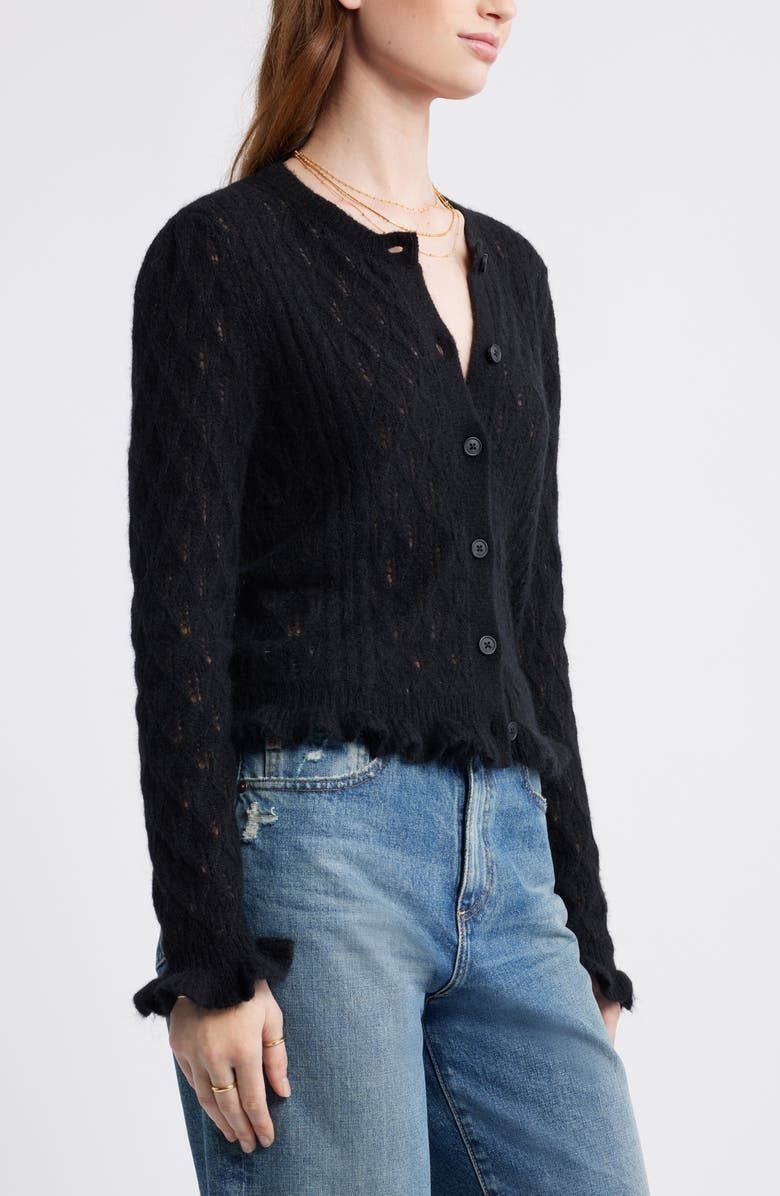 Treasure & Bond Pointelle Ruffle Edge Cardigan, Alternate, color, Black