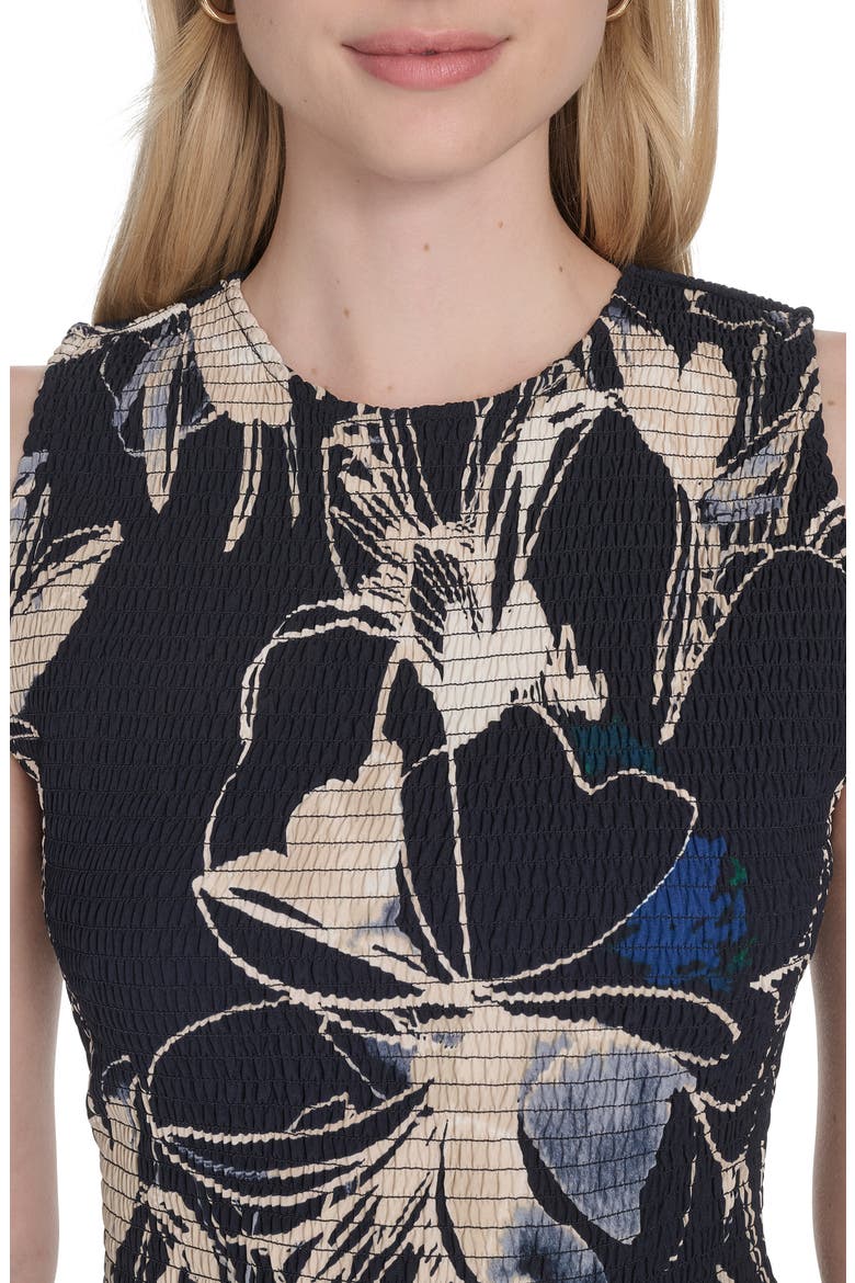 Floral Sleeveless Smocked Fit & Flare Midi Dress, Alternate, color, INDIGO MULTI