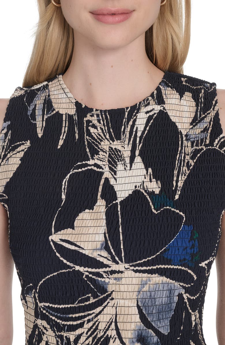 Calvin Klein Floral Sleeveless Smocked Fit & Flare Midi Dress, Alternate, color, Indigo Multi